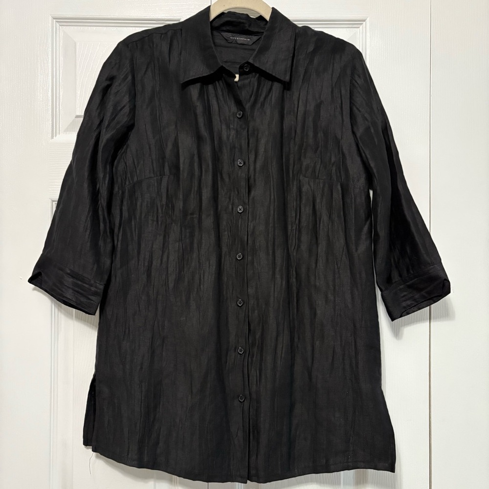 Linen blend Black Crinkle Button Down Women's size 8 Office Business Elegant